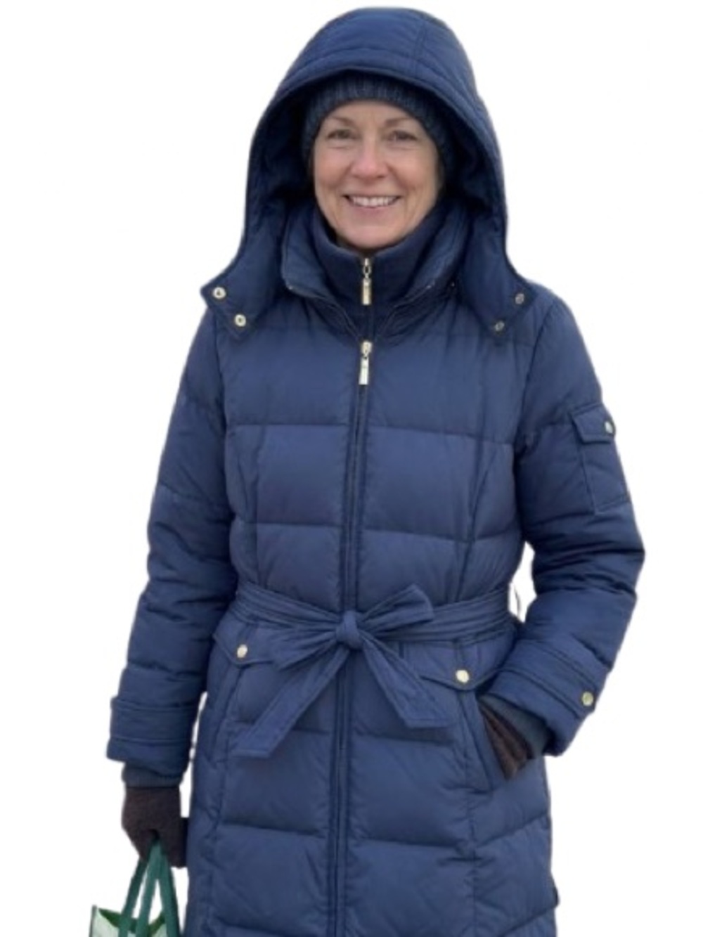Ellen Tracy Navy Blue Down XL Hooded Belted Winter Parka Storm Cuffs